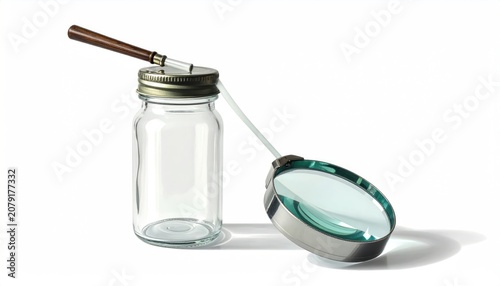 Glass jar with metal lid magnifying glass on tube and wooden handle isolated on white