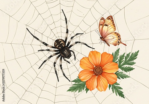 Botanical Spiderweb: Watercolor Spider, Butterfly, and Flower
