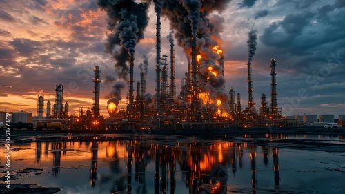 A dramatic and foreboding scene of a large petrochemical complex at dusk, with multiple towering chimneys spewing thick, dark smoke into an overcast sky. Flames and lights illuminate