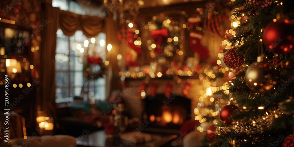 Obraz premium Traditional Christmas interior design with colorful ornaments and sparkling lights