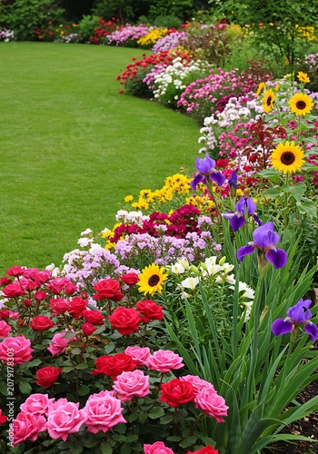Vibrant Summer Garden: Roses, Irises, and Sunflowers Bloom