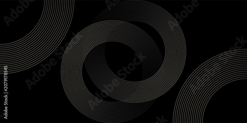 Black abstract background. Elegant dark gradient geometric element. Modern gold circle lines pattern. Luxury style. Horizontal banner template.