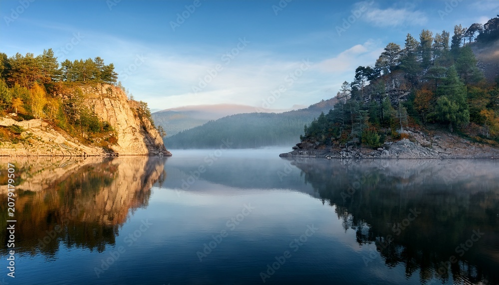 Fototapeta premium Calm Bureya Reservoir With Rocky Cliffs Misty Forested Hills And Smooth Reflective Morning Water