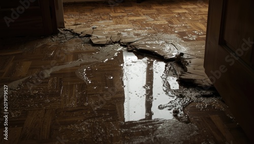 Water damage on wooden floor in a room