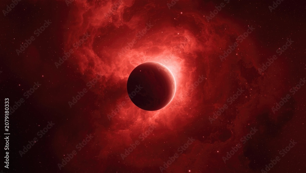 Fototapeta premium Mars orbiting within a glowing crimson interstellar cloud