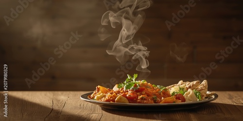 Steaming plate of vegetable curry with naan on wooden table