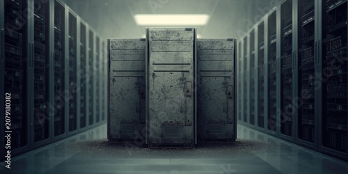 Old computer servers in a dimly lit data center