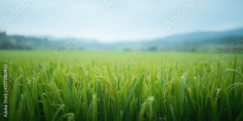 Green rice field with mountains in the background