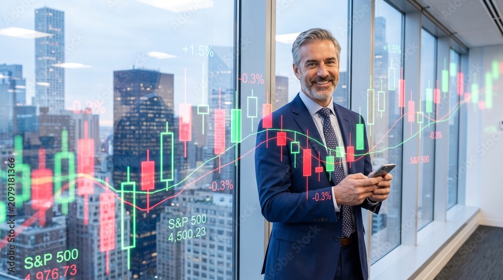 Fototapeta premium A gray‑haired businessman in a blue suit stands in a modern high‑rise office, smiling while checking his smartphone. Behind him, large glass windows reveal a city skyline at sunset, overlai.