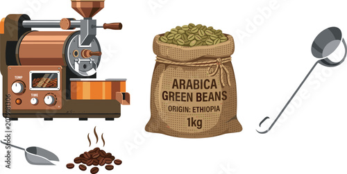 Foto Professional Coffee Roasting Equipment Vector Set Featuring a Vintage Roaster Ma