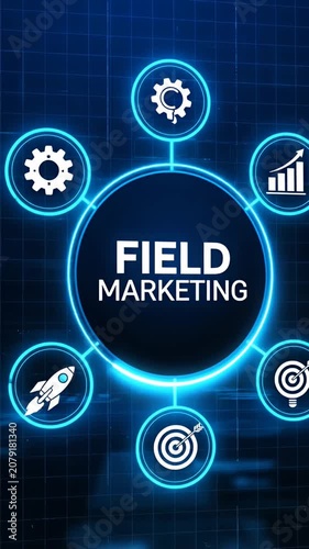 Field marketing strategy concept with digital technology icons.