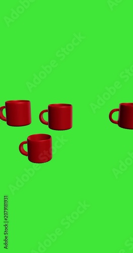 Multiple vibrant red ceramic coffee mugs falling down a bright green screen background for easy chroma keying in creative food and beverage advertisements.
