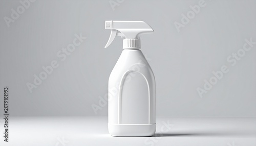 A white plastic spray bottle with cylindrical body and tapered neck, featuring a trigger nozzle, placed against a plain background, symbolizing household utility, cleaning, and everyday functionality.