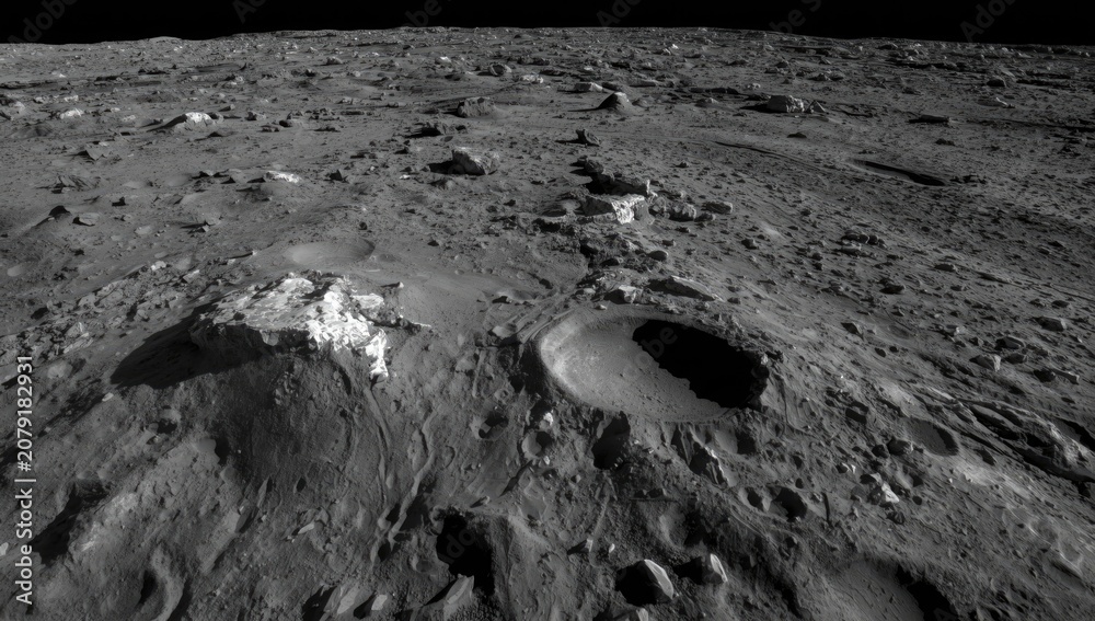 Fototapeta premium Lunar surface with craters and rocky terrain