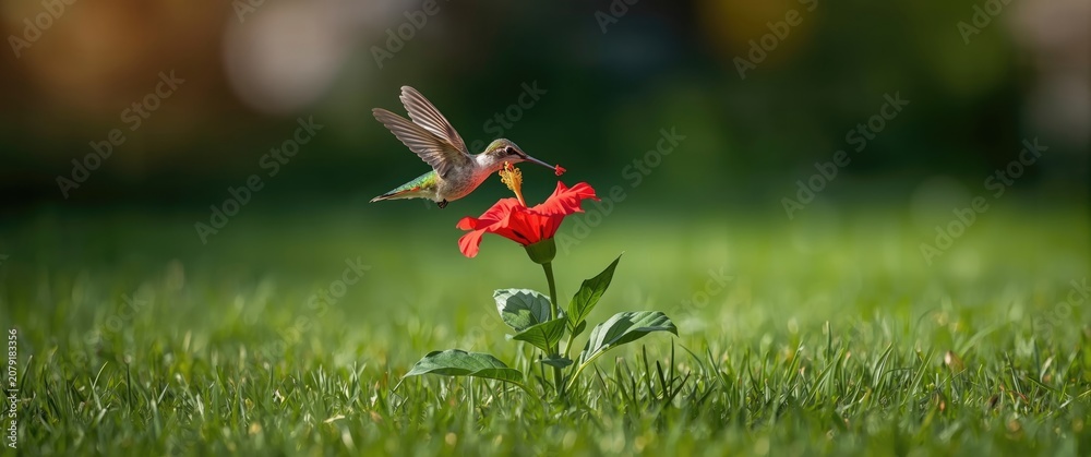 Fototapeta premium Hummingbird feeding on red flower in a garden