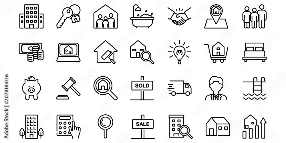 Fototapeta premium Real Estate Property House Line Icons Set Editable Vector Illustration Isolated on Transparent Background