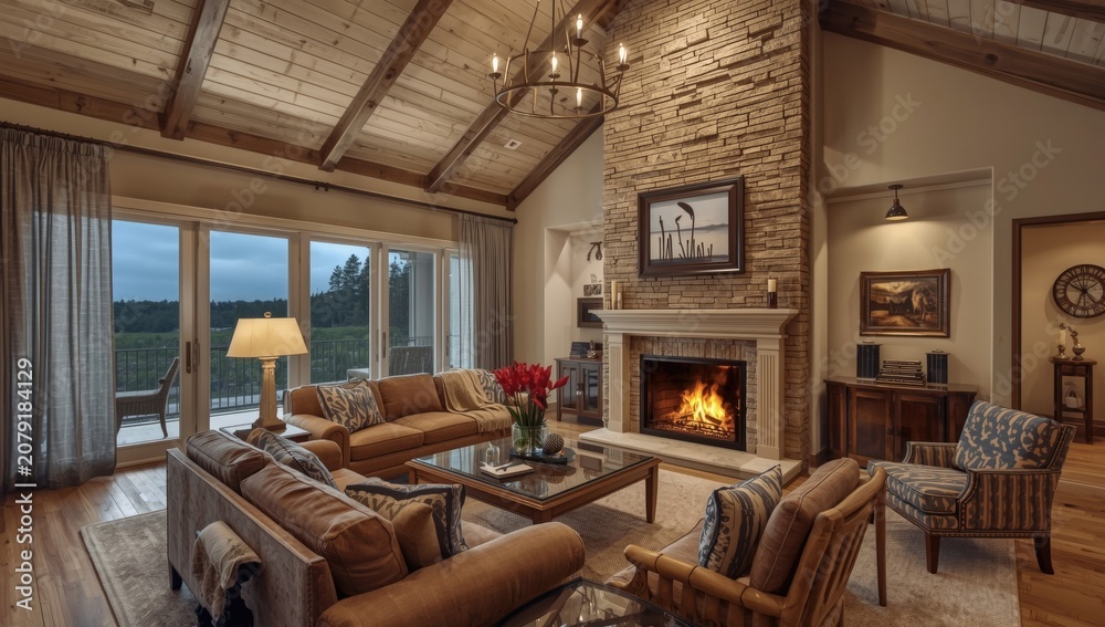 Fototapeta premium Luxury home featuring a vaulted ceiling living room with a lively blazing fireplace and elegant décor
