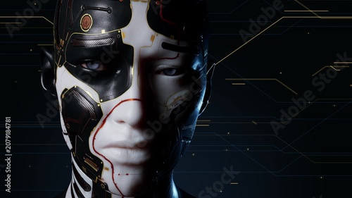 Dramatic android face with digital circuits