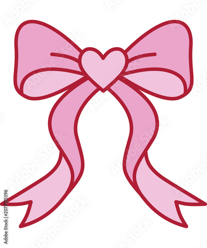 Cute hand drawn pink bow with heart knot isolated on transparent background
