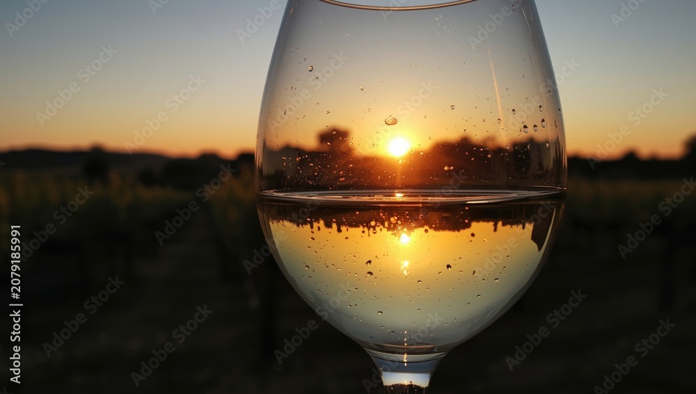 Fototapeta premium Wine glass reflecting sunset over vineyard field