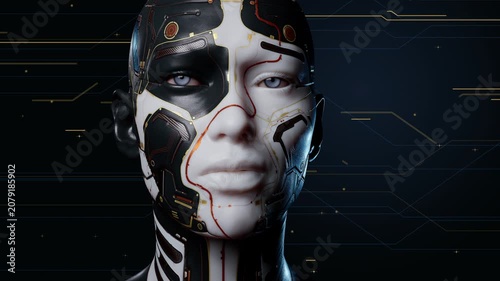 Futuristic android portrait with digital circuits