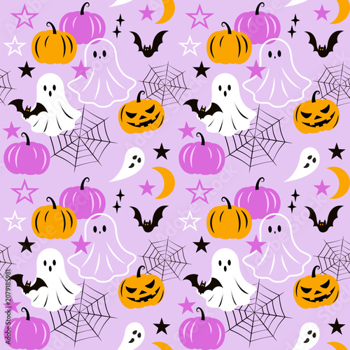 Spooky cute Halloween seamless pattern with ghost, pumpkins, flying bats and crescent moon