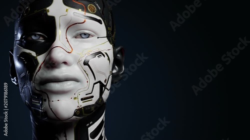 Futuristic cyborg face with copy space