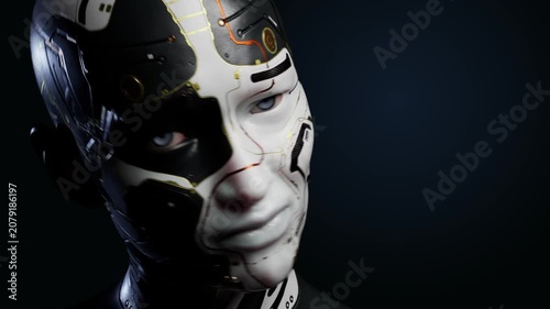 Malfunctioning futuristic android with dark copy space