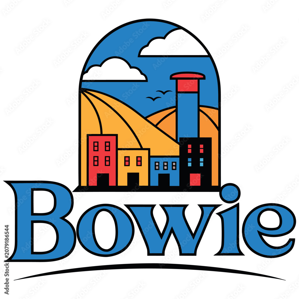 Fototapeta premium Bowie Maryland City Logo Vector Illustration: Heritage Emblem Featuring Historic Water Tower, Skyline, and Rolling Hills under a Blue Sky