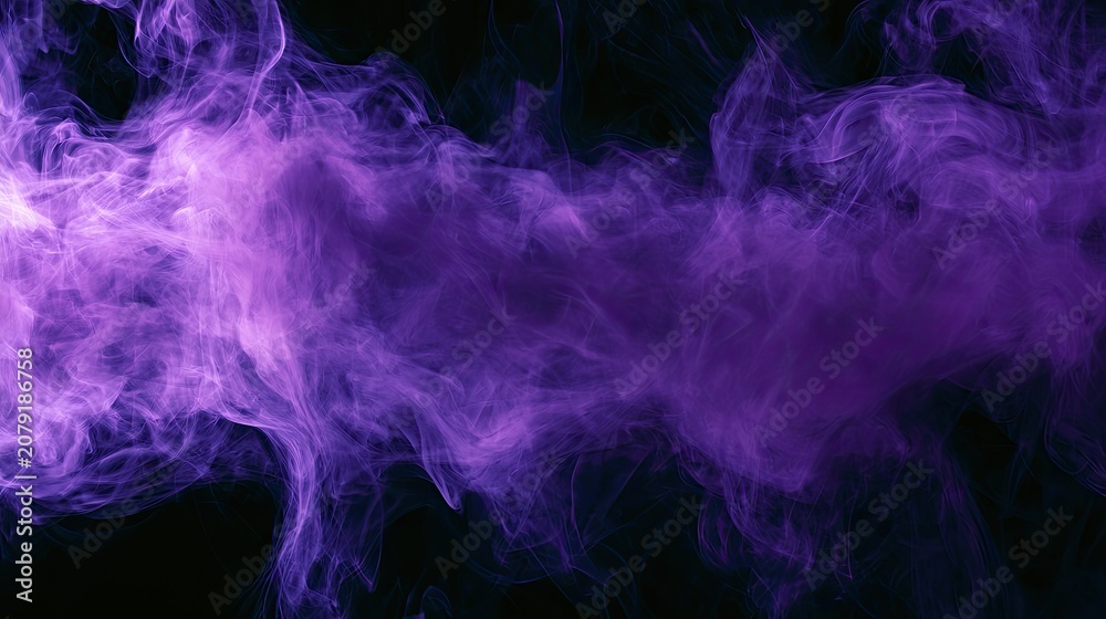 Fototapeta premium Ethereal wisps of vibrant purple smoke swirl and billow against a stark black background