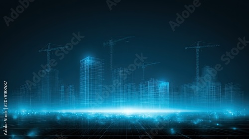 Futuristic glowing digital city skyline with cranes under construction