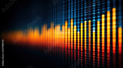 Glowing orange and blue sound wave visualization on a dark digital grid background