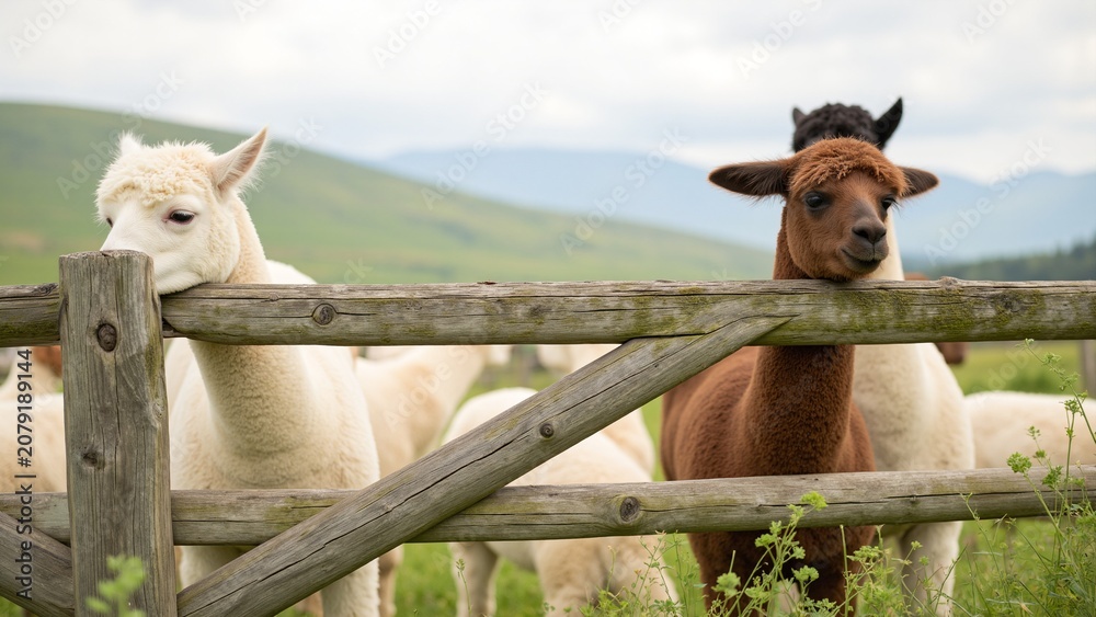 Fototapeta premium Pastoral Alpacas by Fence