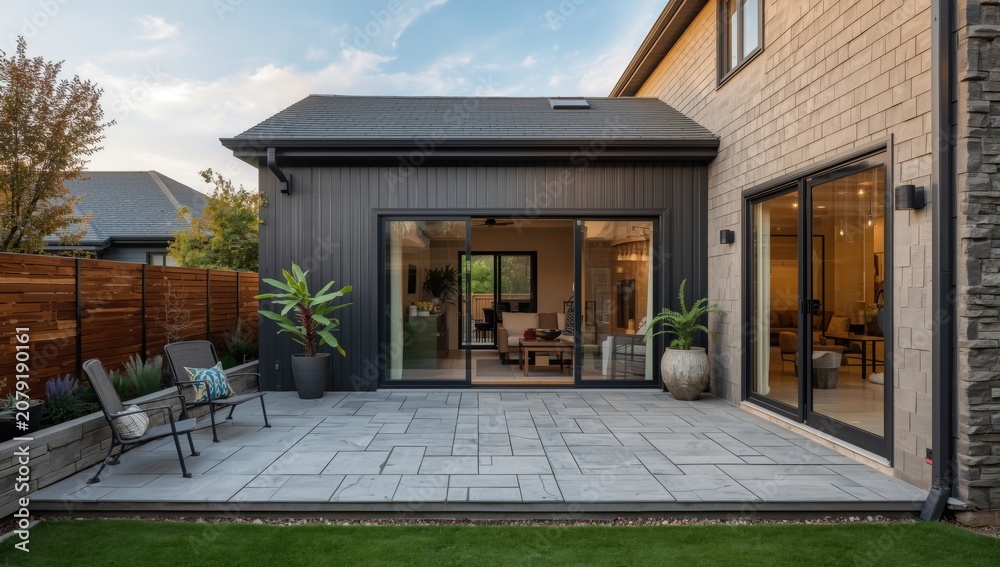 Fototapeta premium Modern patio with seating and view of interior living space