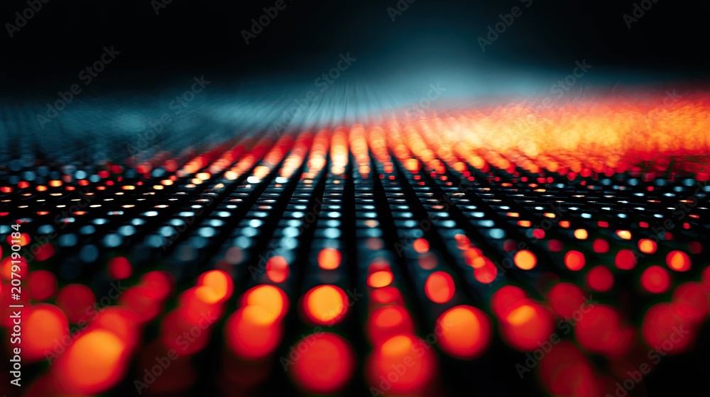 Fototapeta premium Abstract pattern of glowing red and blue lights receding into darkness