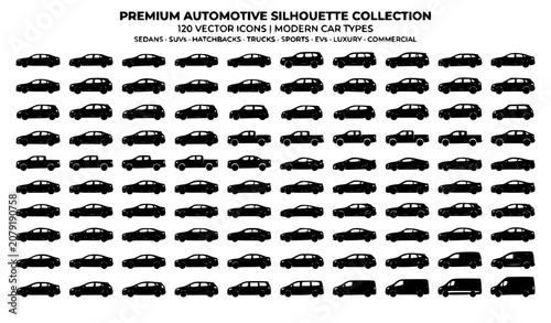 Obraz na płótnie Automotive Vehicle Silhouette Collection with Modern Cars SUVs and EV Icons