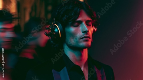 Handsome man wearing futuristic minimal headphones with matte industrial design, eyes closed in immersive listening experience, premium audio technology portrait with luxury studio lighting