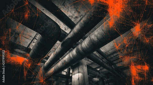 Industrial pipes crisscross a concrete ceiling, overlaid with glowing orange network patterns