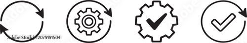 Fotografie Sync process icon set with reload arrows, gear, refresh, update, recycle and checkmark EPS vector icons