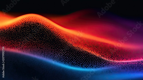 Abstract undulating glowing particles in gradient sunset hues, dark background