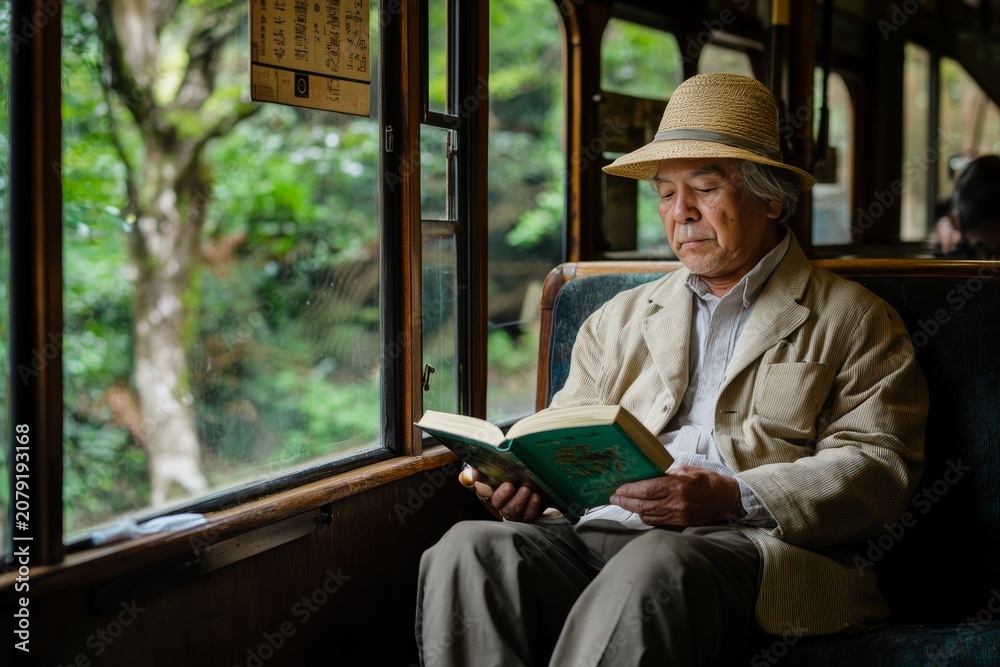 Obraz premium selective focus on solitary man enjoying literature on public transport