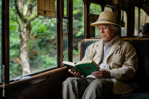 selective focus on solitary man enjoying literature on public transport