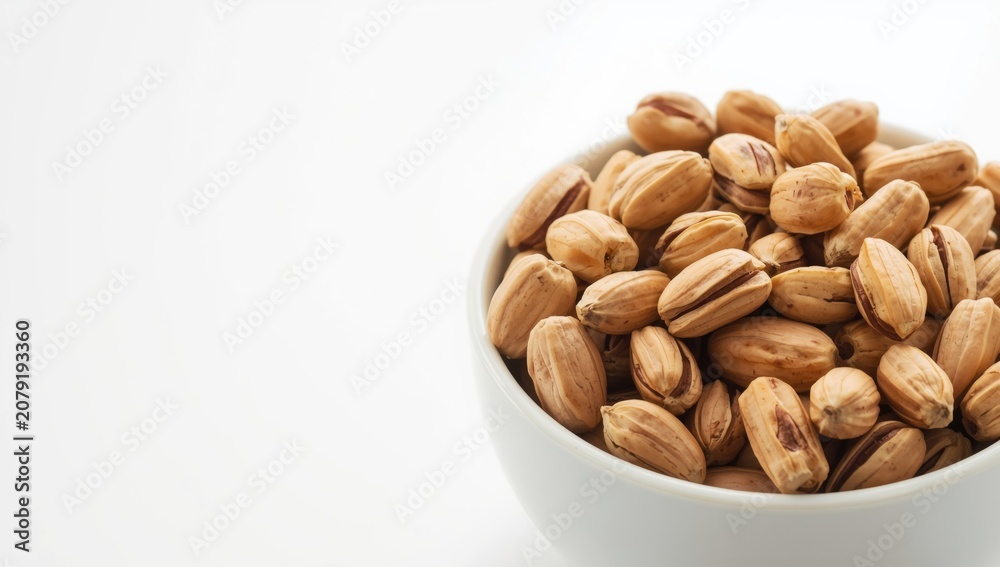 Obraz premium Bowl of roasted pistachio nuts on a white background