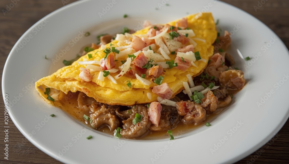 Fototapeta premium Scrambled egg omelet with savory ham mushrooms and cheese