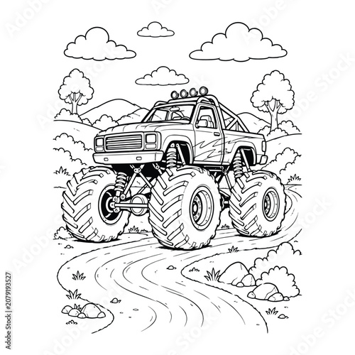 Monster truck on winding dirt road