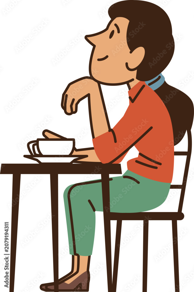 Fototapeta premium Cartoon woman sitting at cafe table thinking flat style vector