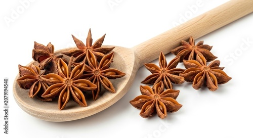 A wooden spoon holds a cluster of star anise pods. The spice is rich brown in color and has a distinctive star shape.