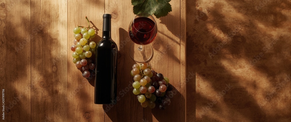 Fototapeta premium Table arrangement with wine bottle glass grapes and cork seen from above with ample copy space