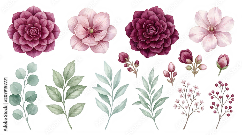 Fototapeta premium Watercolor floral arrangement with roses and leaves