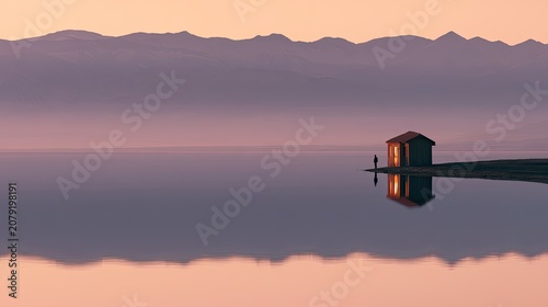 Solitary cabin on still water, warm light glows, distant mountains, serene dusk